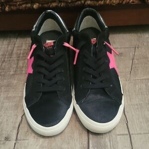 NEW! VINTAGE HAVANA BLACK CALF HAIR SNEAKERS WITH PINK STAR & SILVER HEEL TAB